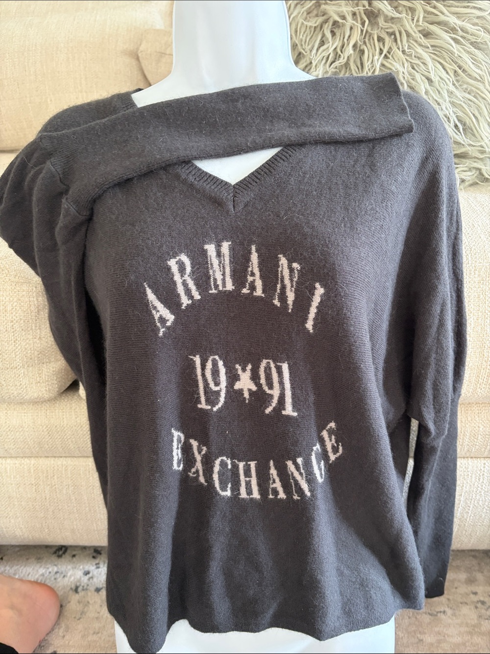 Armani Exchange Charcoal Gray Logo V-Neck Sweater